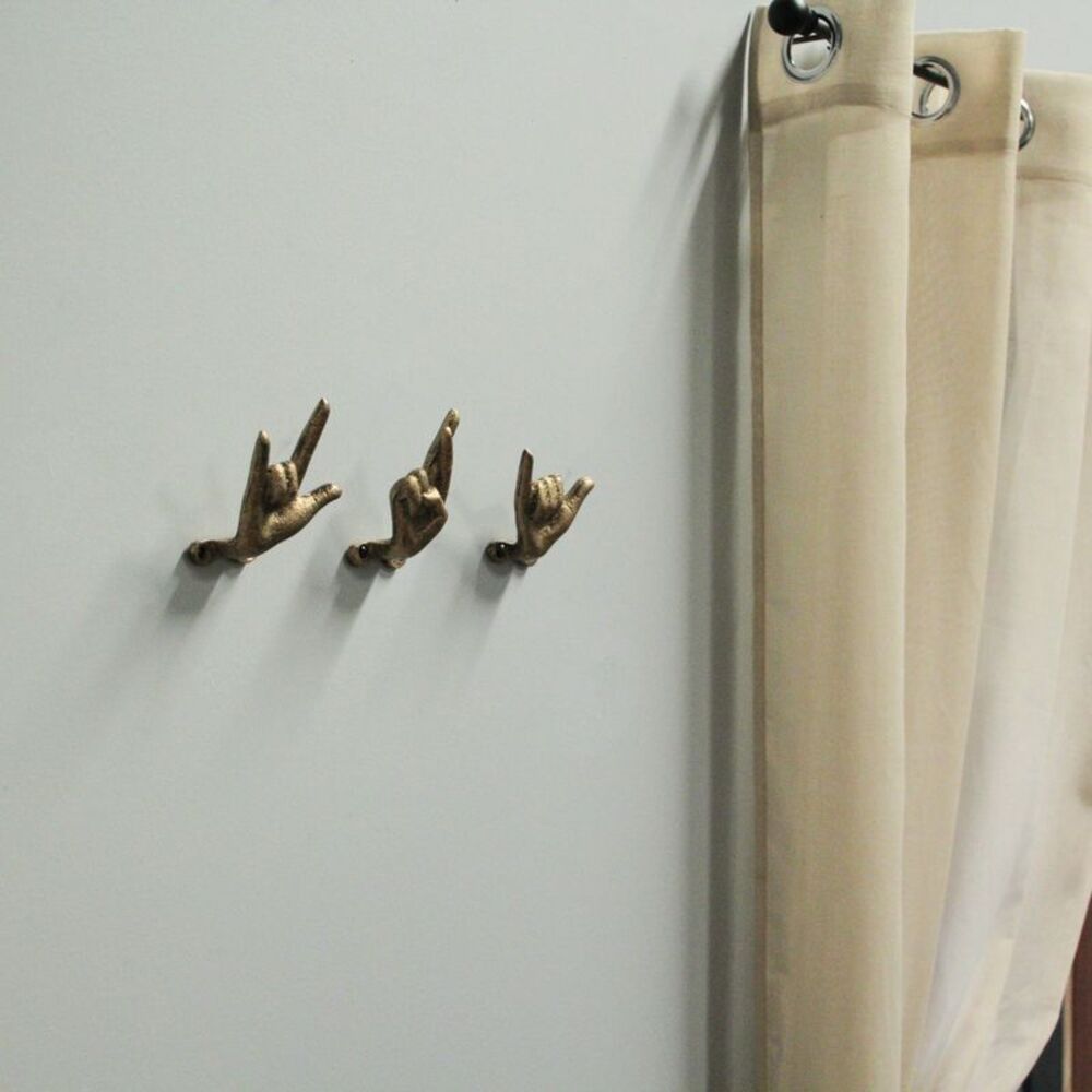 Set of 3 Antique Gold Cast Iron Hand Gesture Wall Hooks - Picture 4 of 9